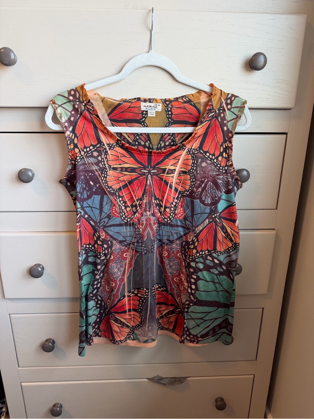 One World Boho Sleeveless Butterfly Print Top